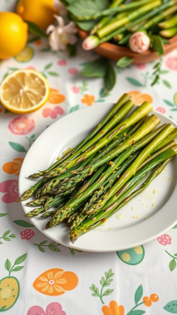 Plate of roasted asparagus garnished with lemon zest