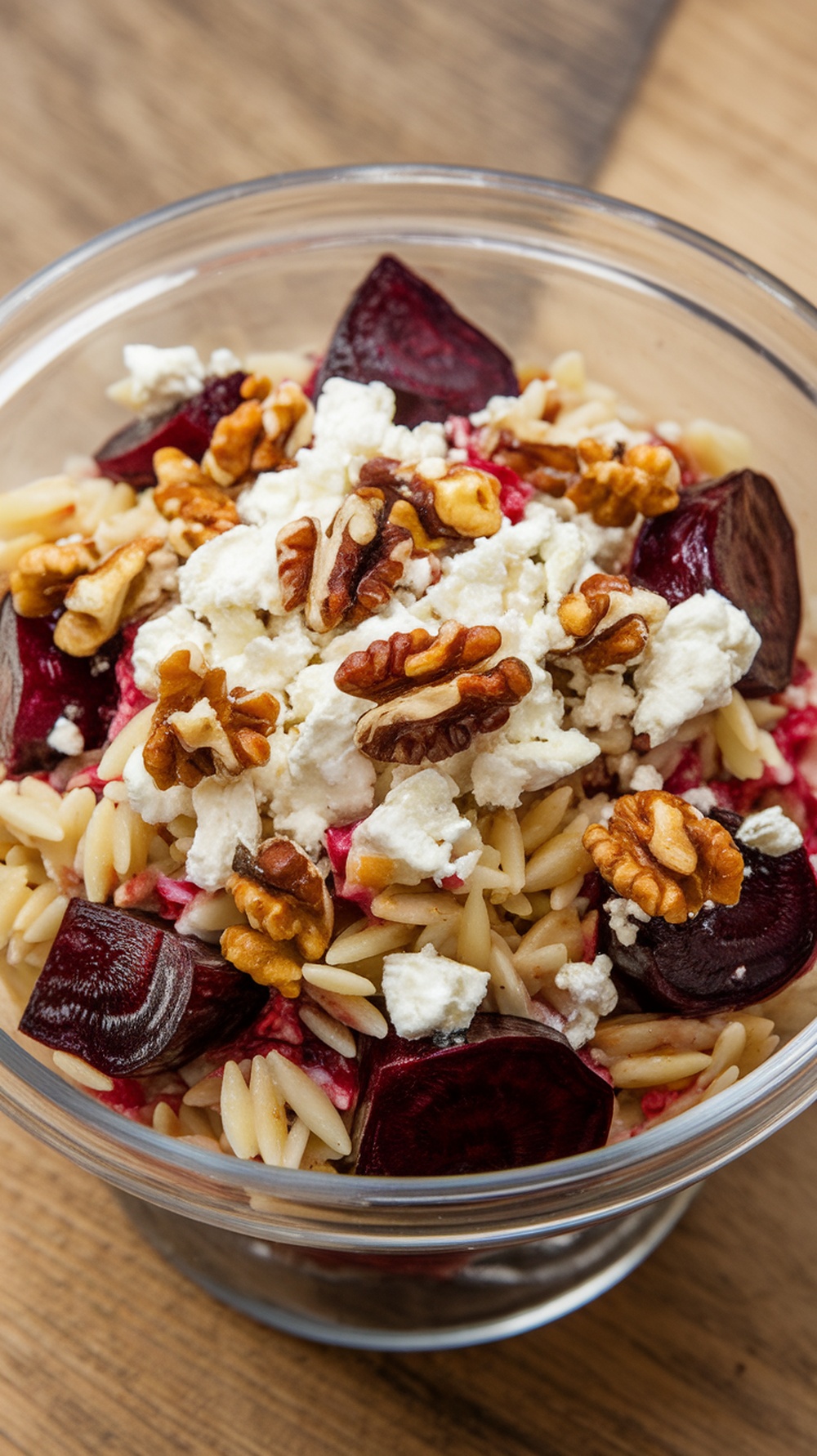 A delicious roasted beet and orzo salad topped with feta cheese and walnuts