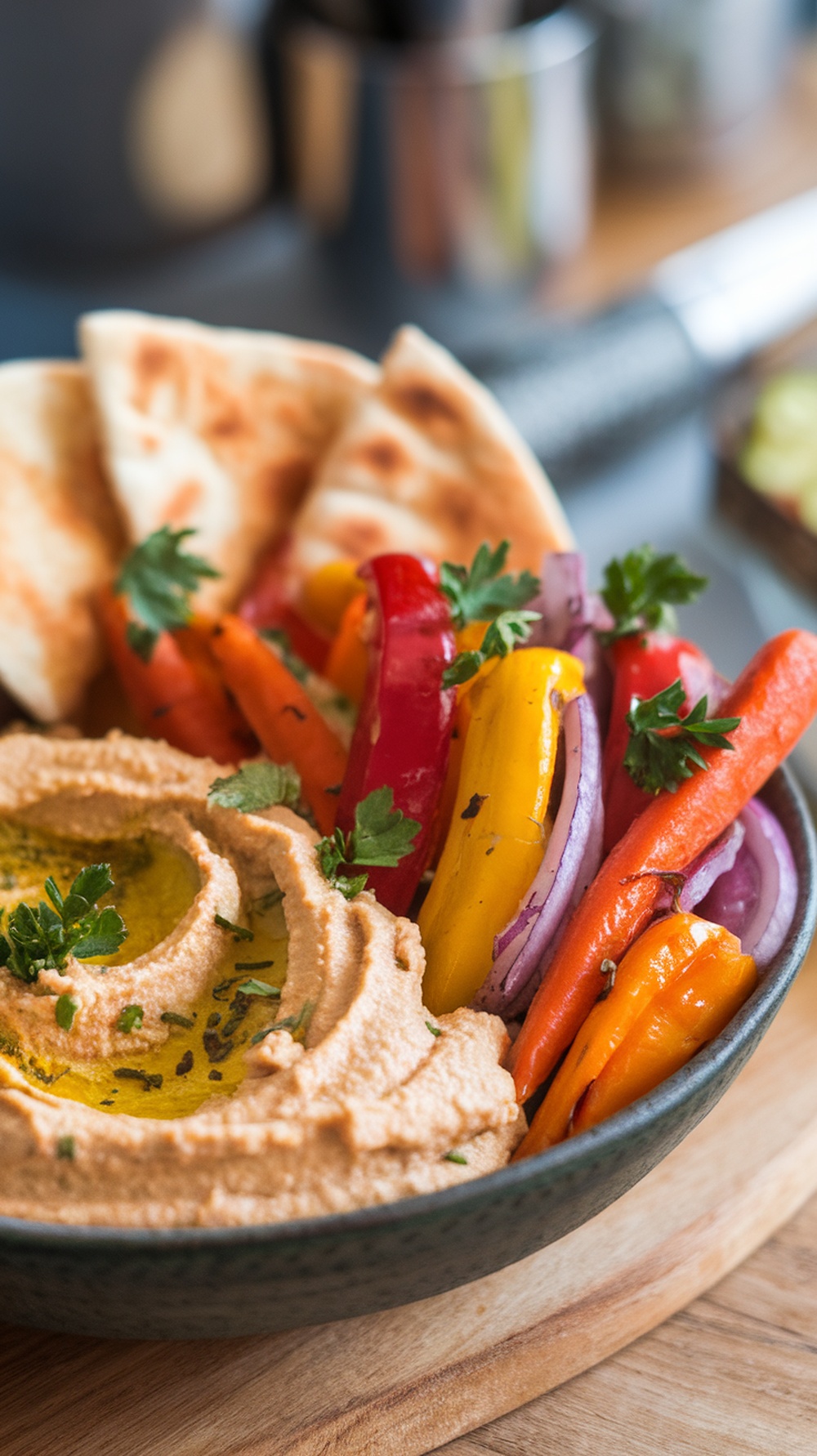 A bowl filled with roasted vegetables like bell peppers, onions, and carrots, served with hummus and pita bread.