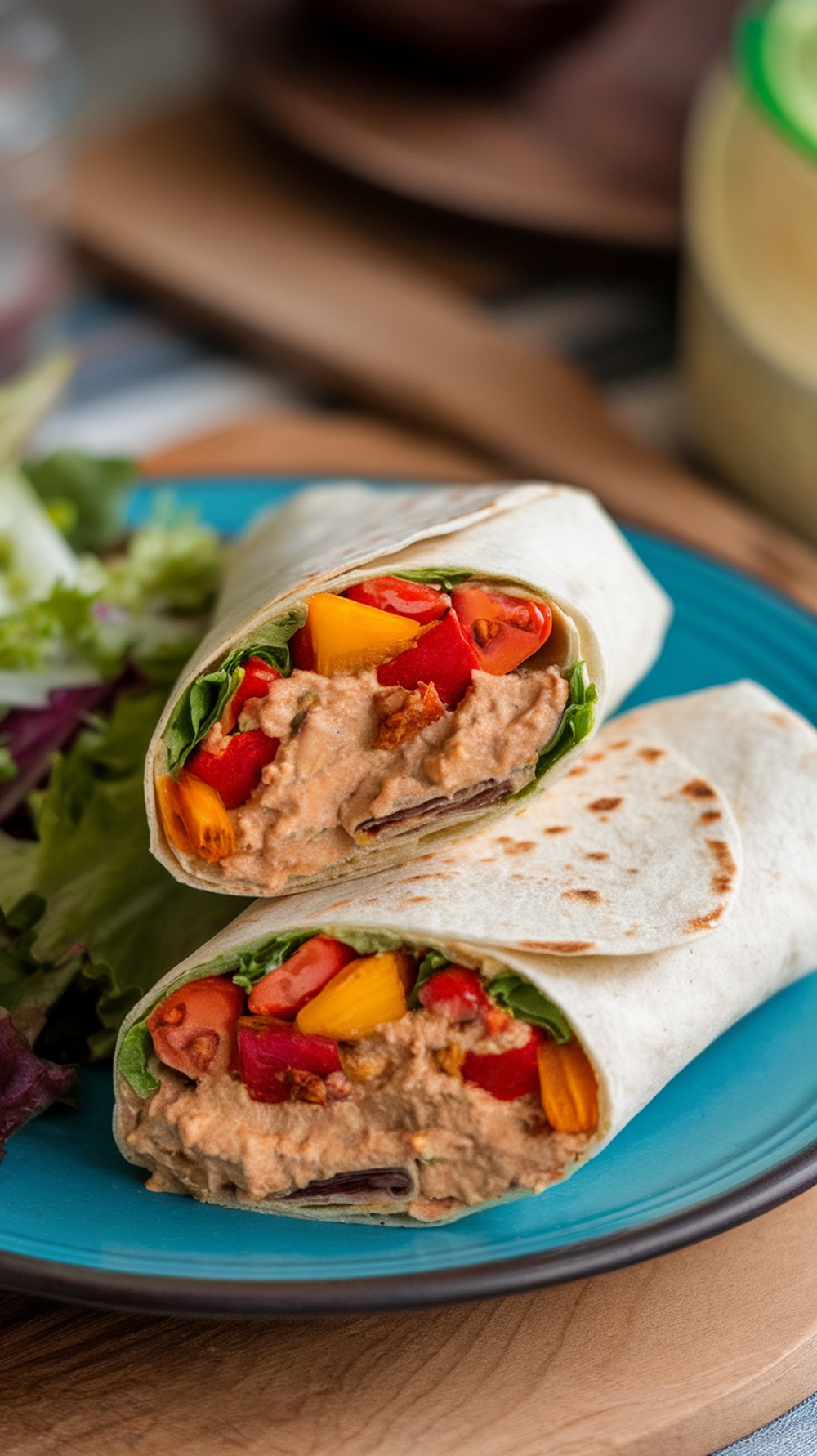 A delicious roasted vegetable and hummus wrap cut in half, showcasing colorful ingredients like peppers and greens.