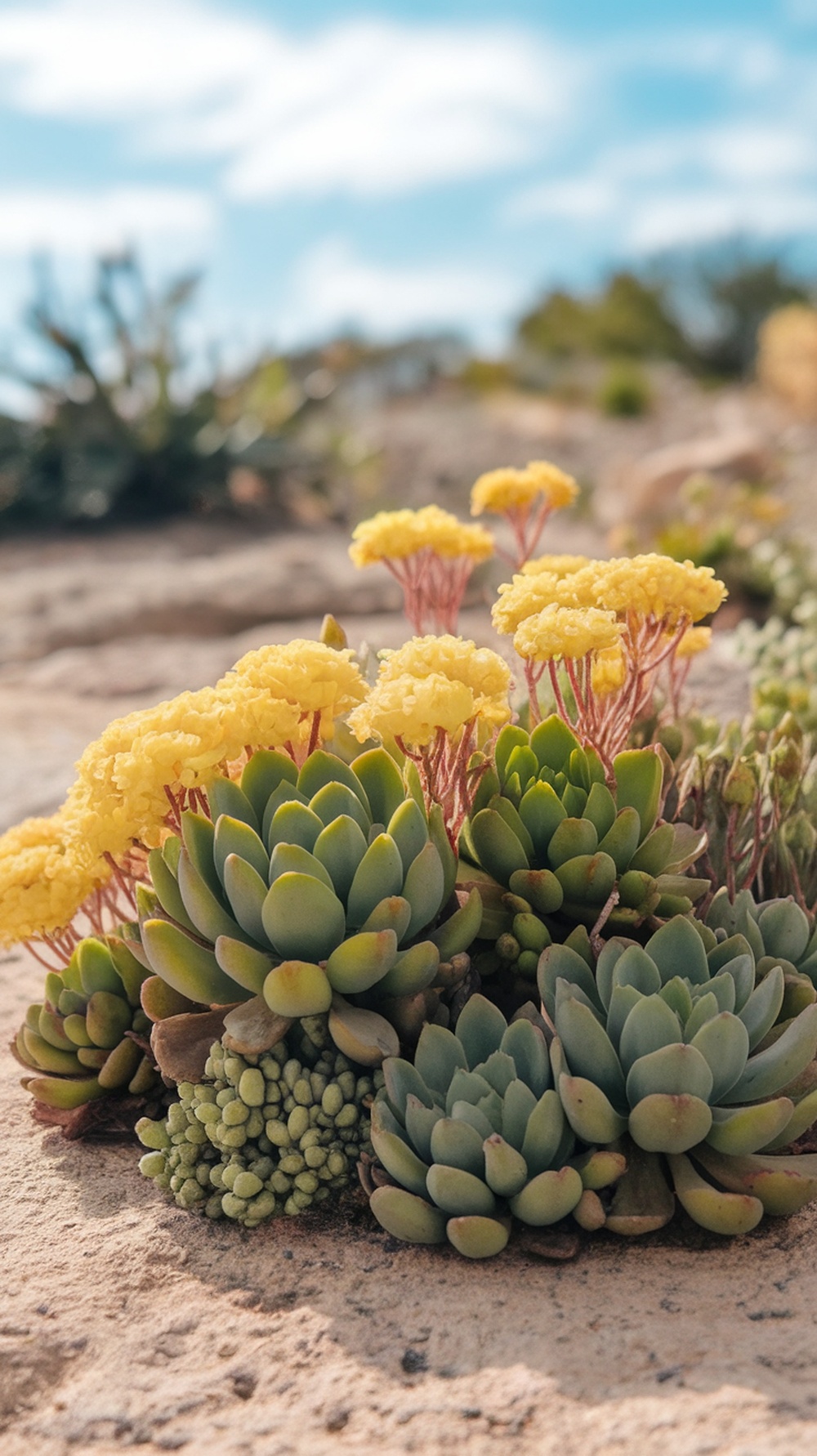 A close-up of vibrant sedum plants with yellow flowers under a blue sky.