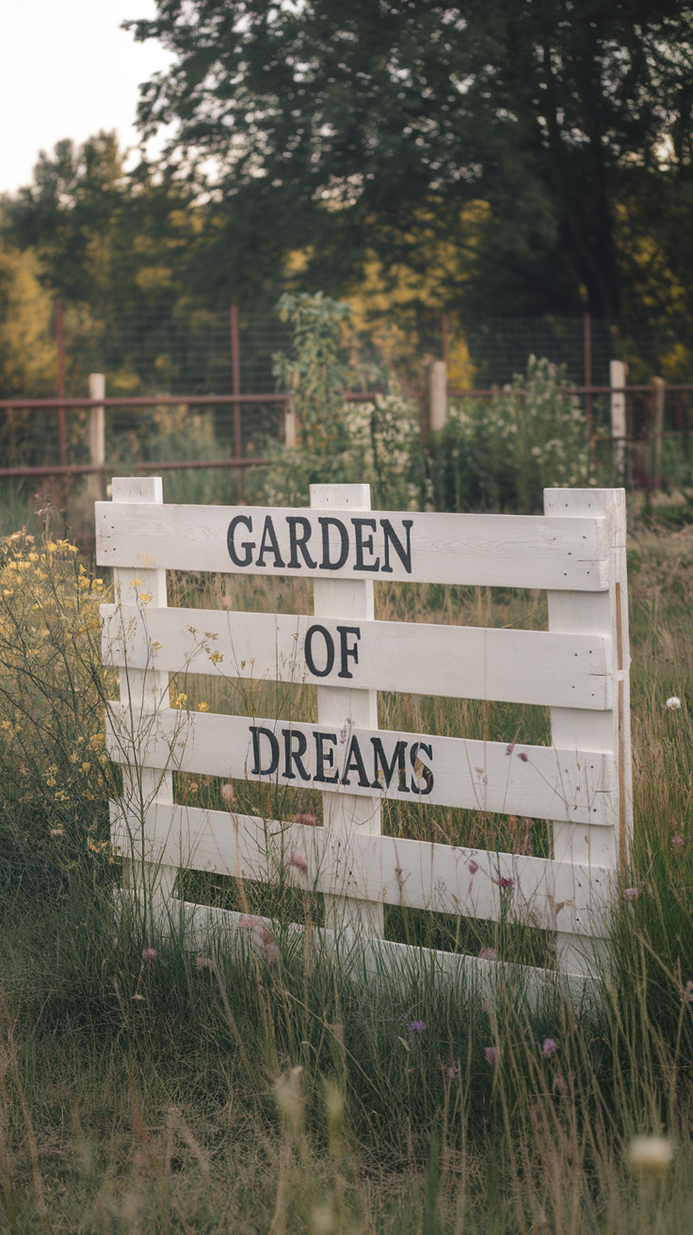 A rustic wooden divider with the text 'GARDEN OF DREAMS' in a grassy area.