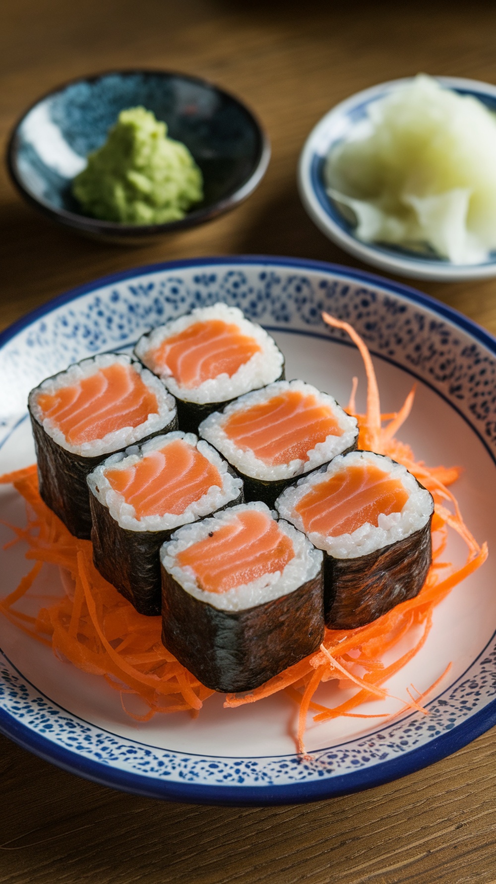 A plate of salmon sushi rolls with wasabi and pickled ginger on the side.