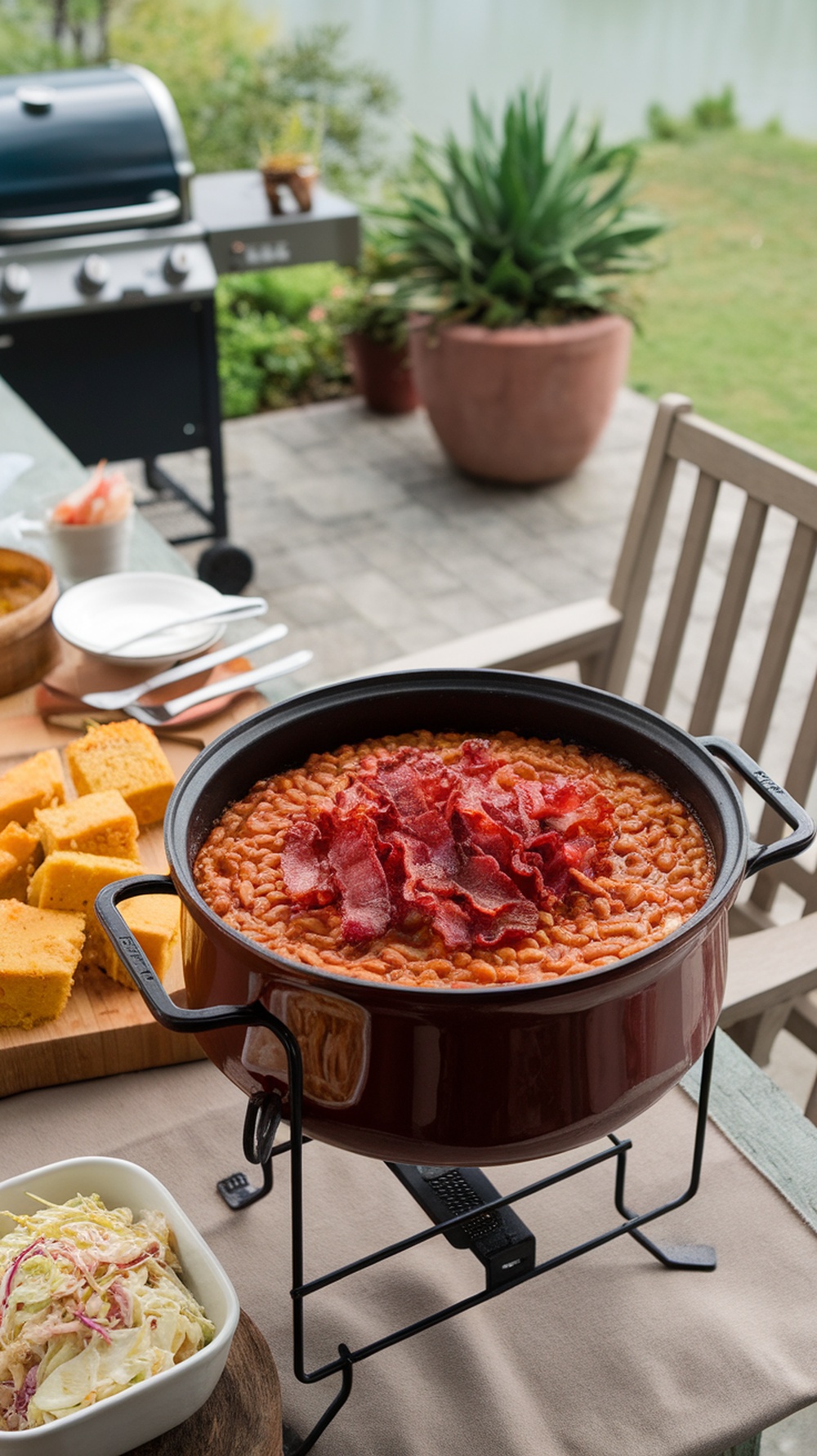 A pot of baked beans topped with bacon, served with cornbread and coleslaw.