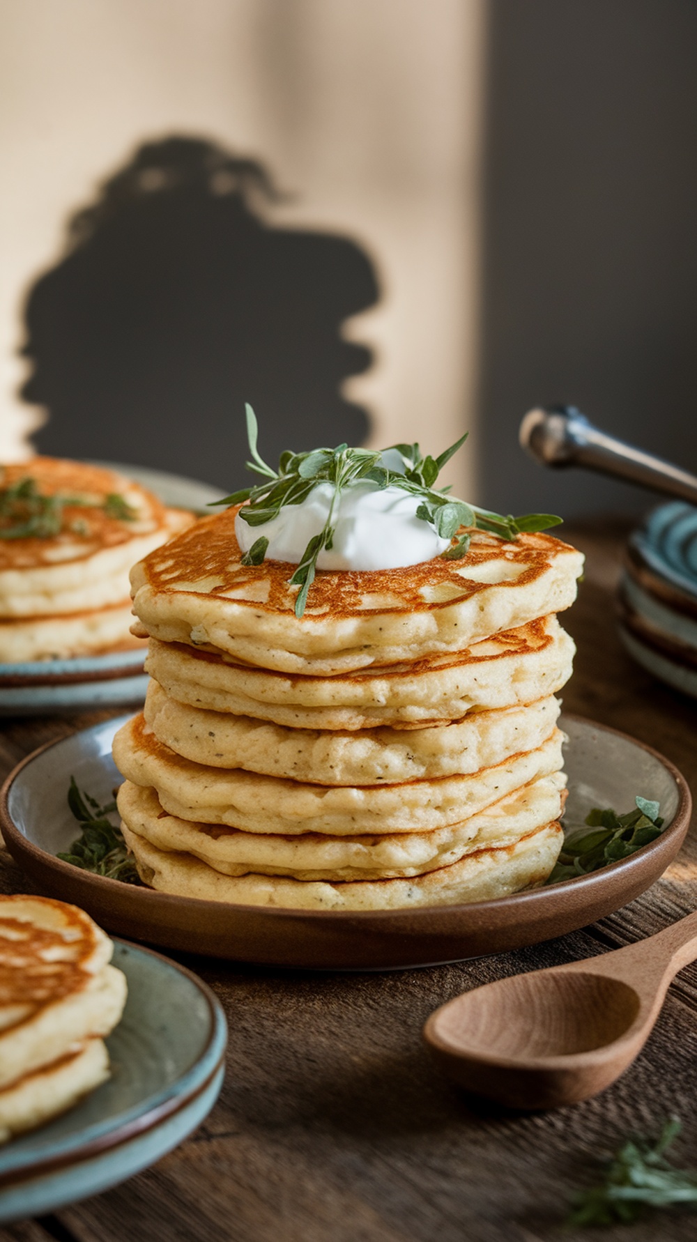 Stack of savory cottage cheese pancakes garnished with herbs and yogurt