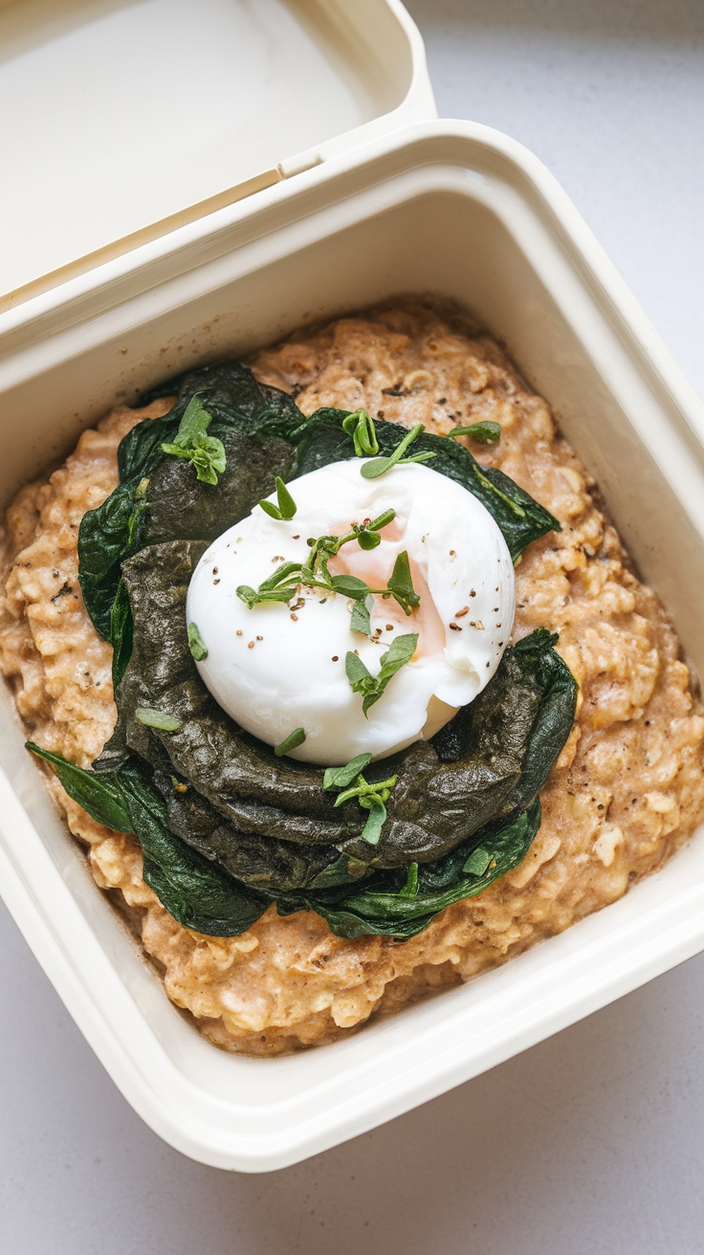 A container with savory oatmeal topped with spinach and a poached egg.