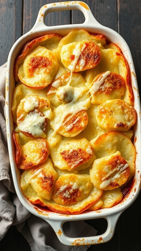 Baking dish of scalloped potatoes with melted Gruyere cheese