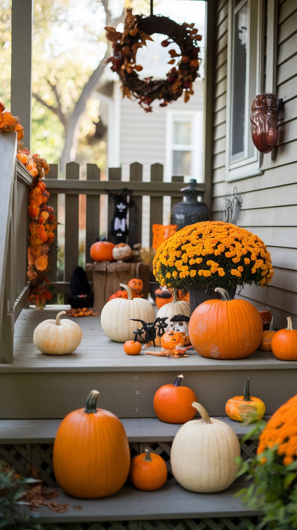 A small porch decorated for autumn with pumpkins and marigold flowers.