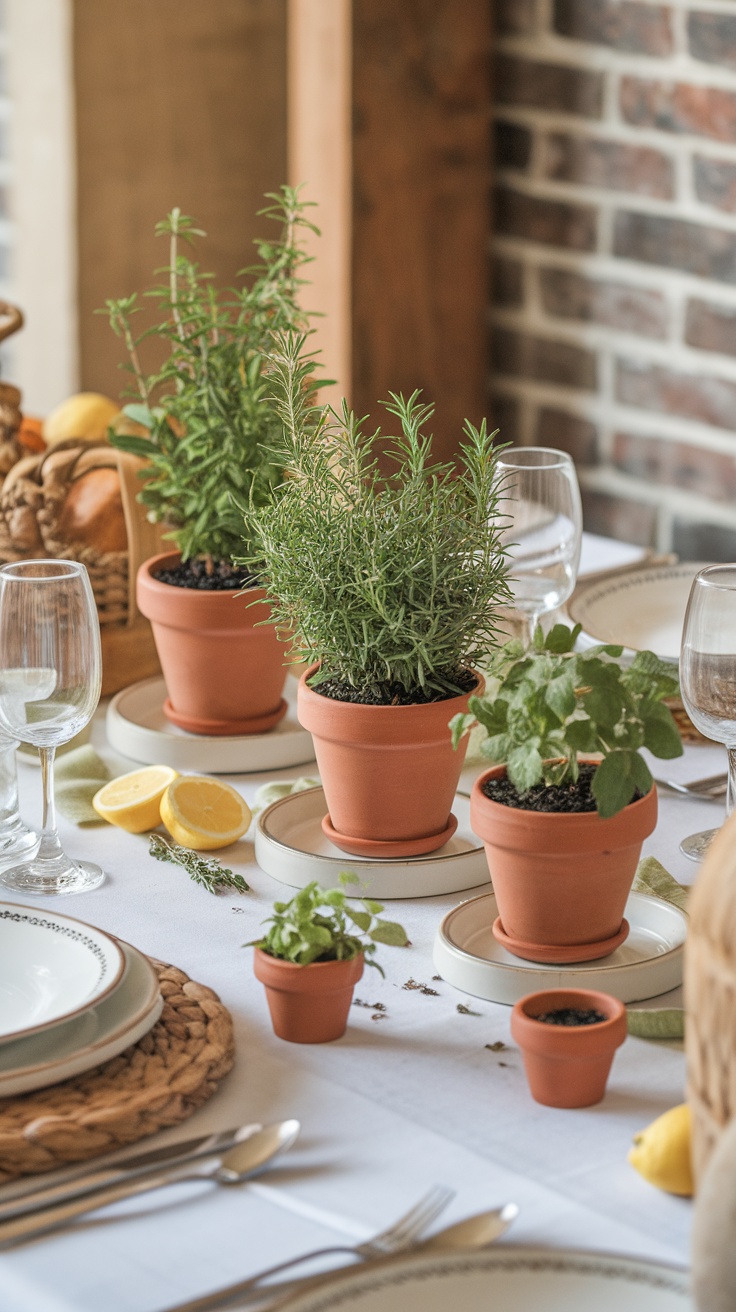 A spring tablescape featuring terracotta pots with herbs, elegant place settings, and soft lighting.