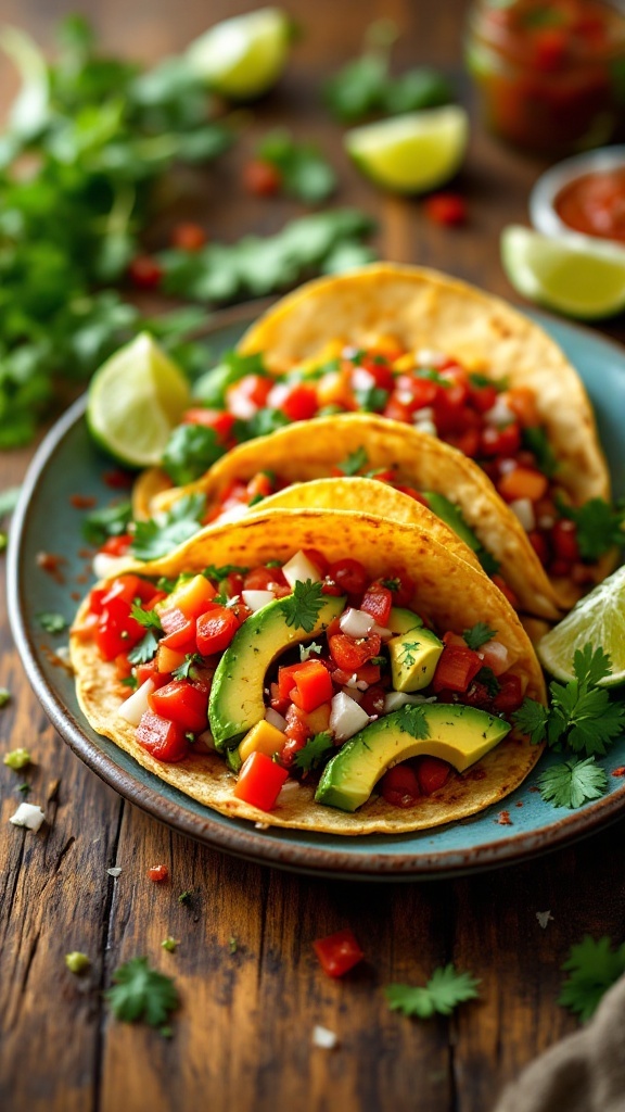 Three spicy avocado tacos on a plate with fresh ingredients and lime wedges