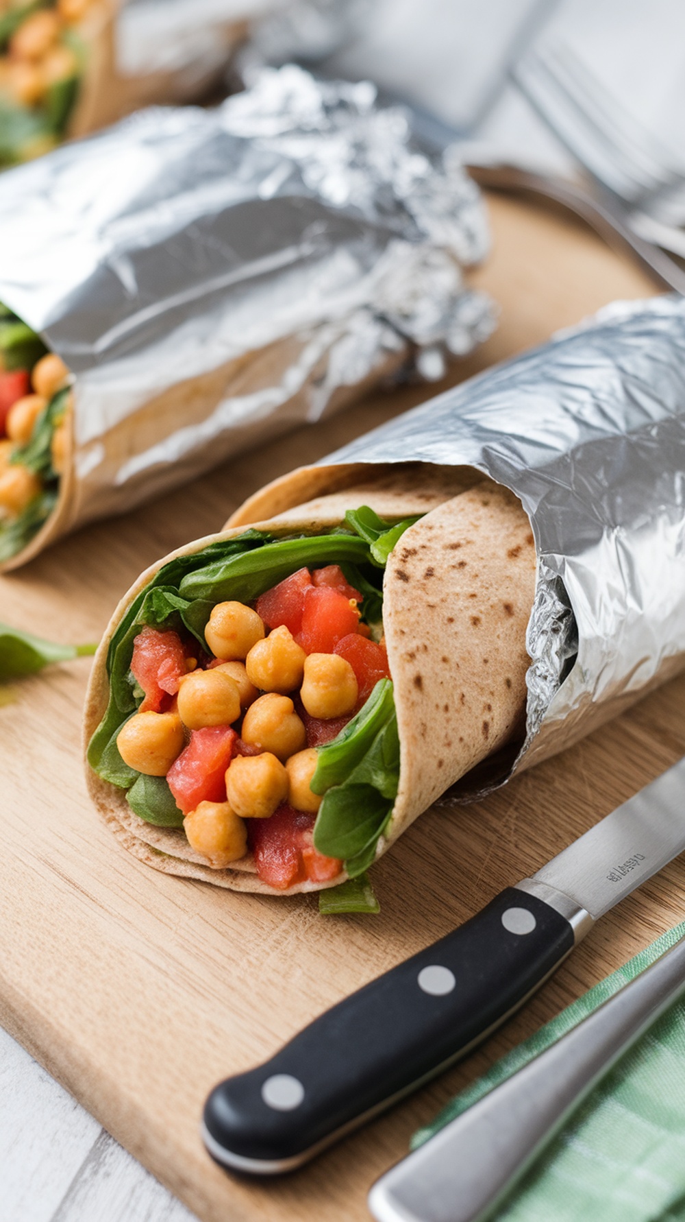 A Spicy Chickpea and Spinach Wrap made with chickpeas, spinach, and tomatoes, wrapped in foil on a wooden cutting board.