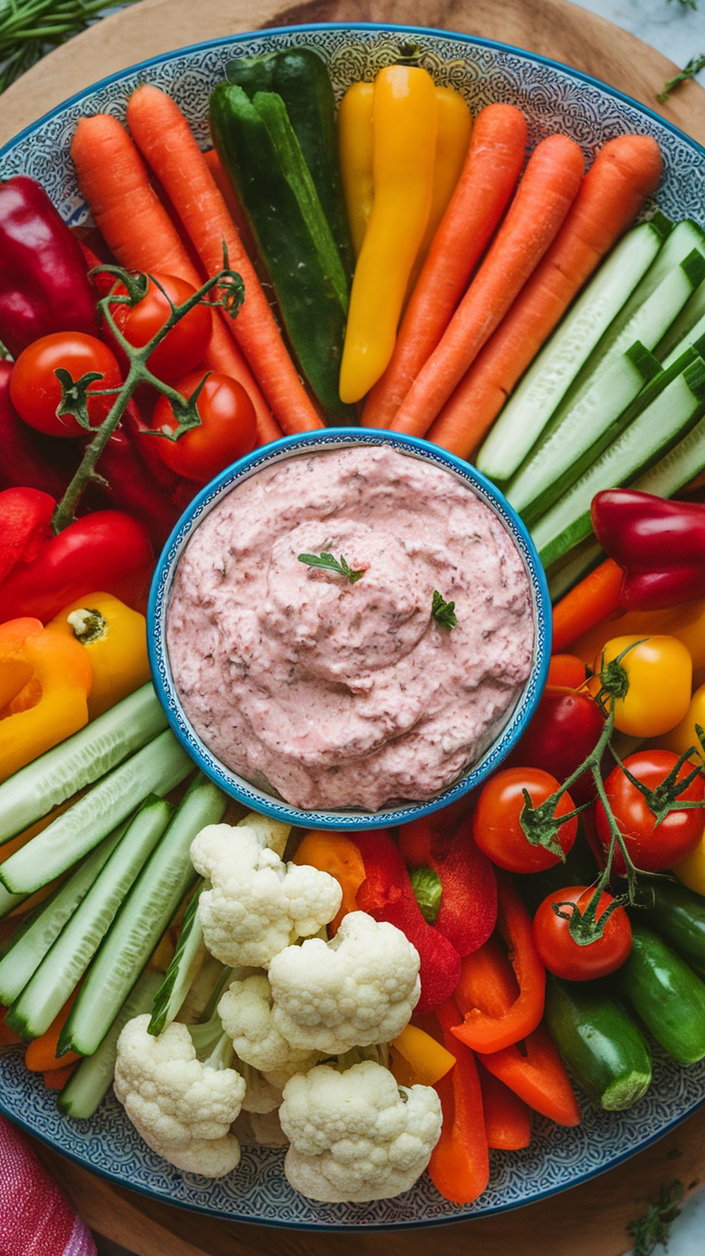 A vibrant spread featuring a spicy cottage cheese dip surrounded by colorful vegetables