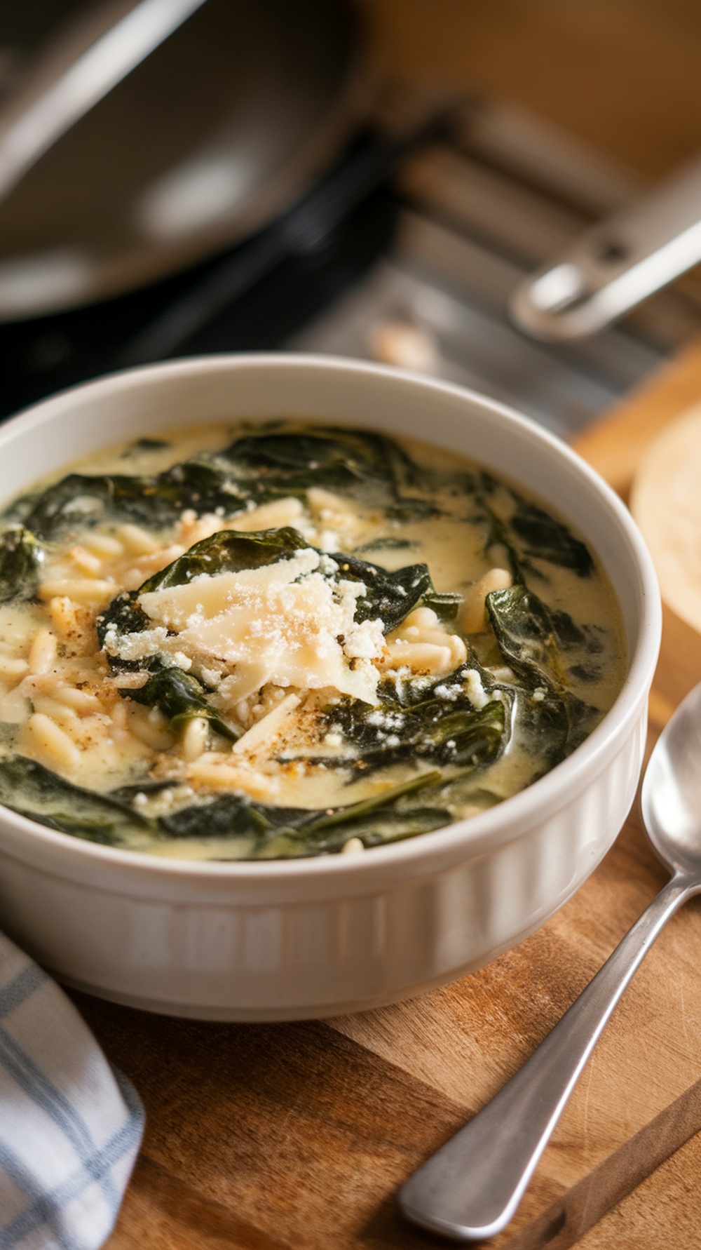 A bowl of creamy spinach and orzo soup with grated cheese on top