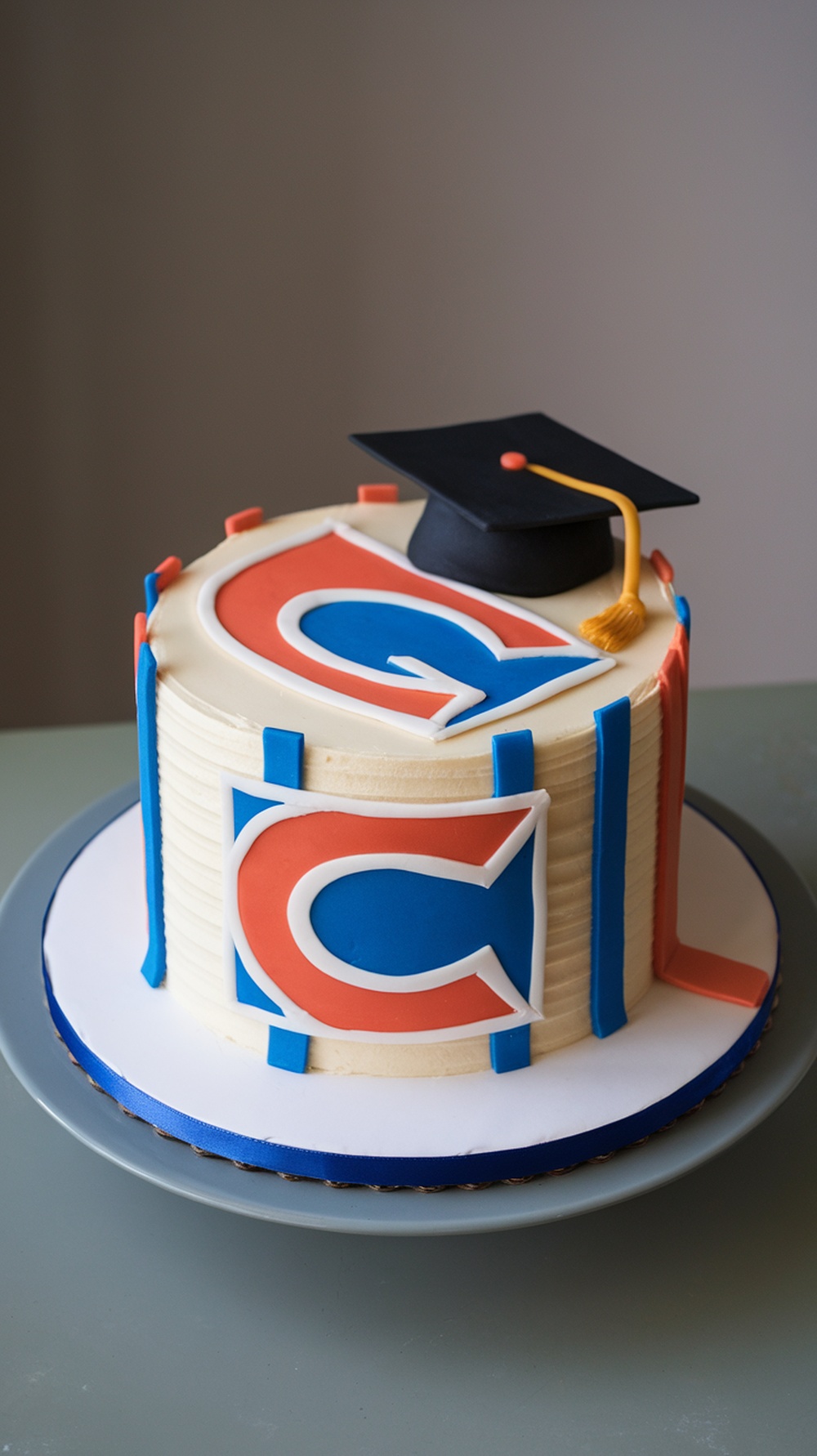 Decorated graduation cake themed around a sports team.