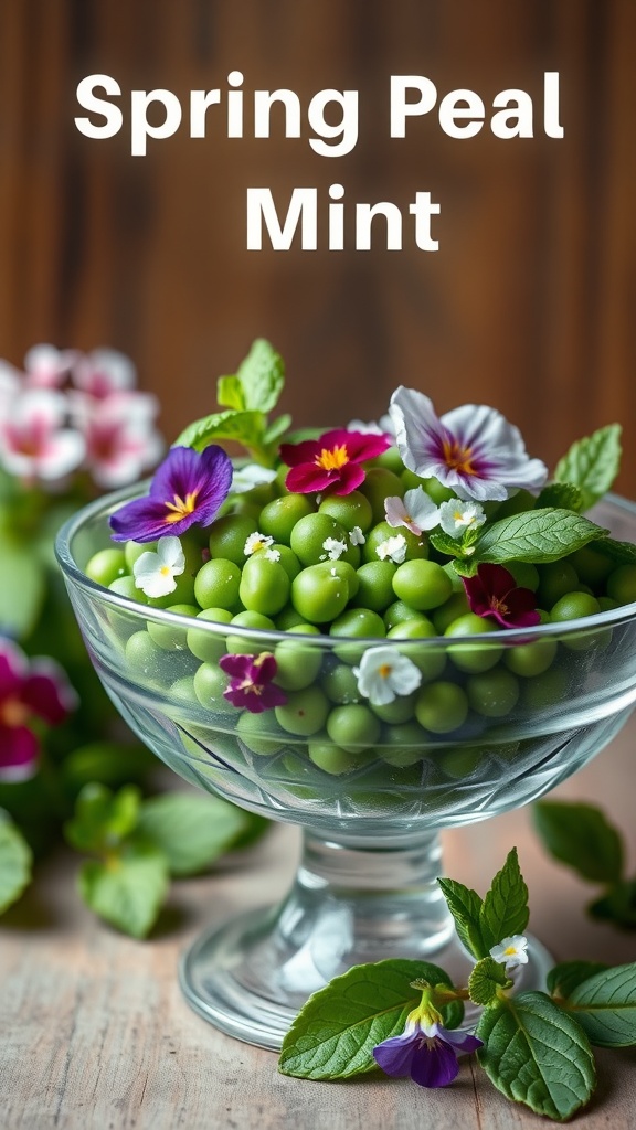 Spring Pea and Mint Salad with flowers and mint leaves