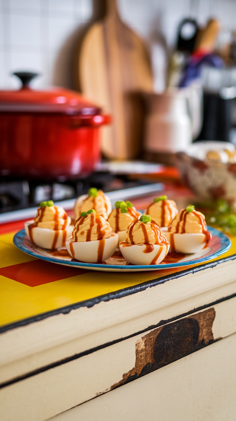 Plate of Sriracha spiced deviled eggs garnished with chives.