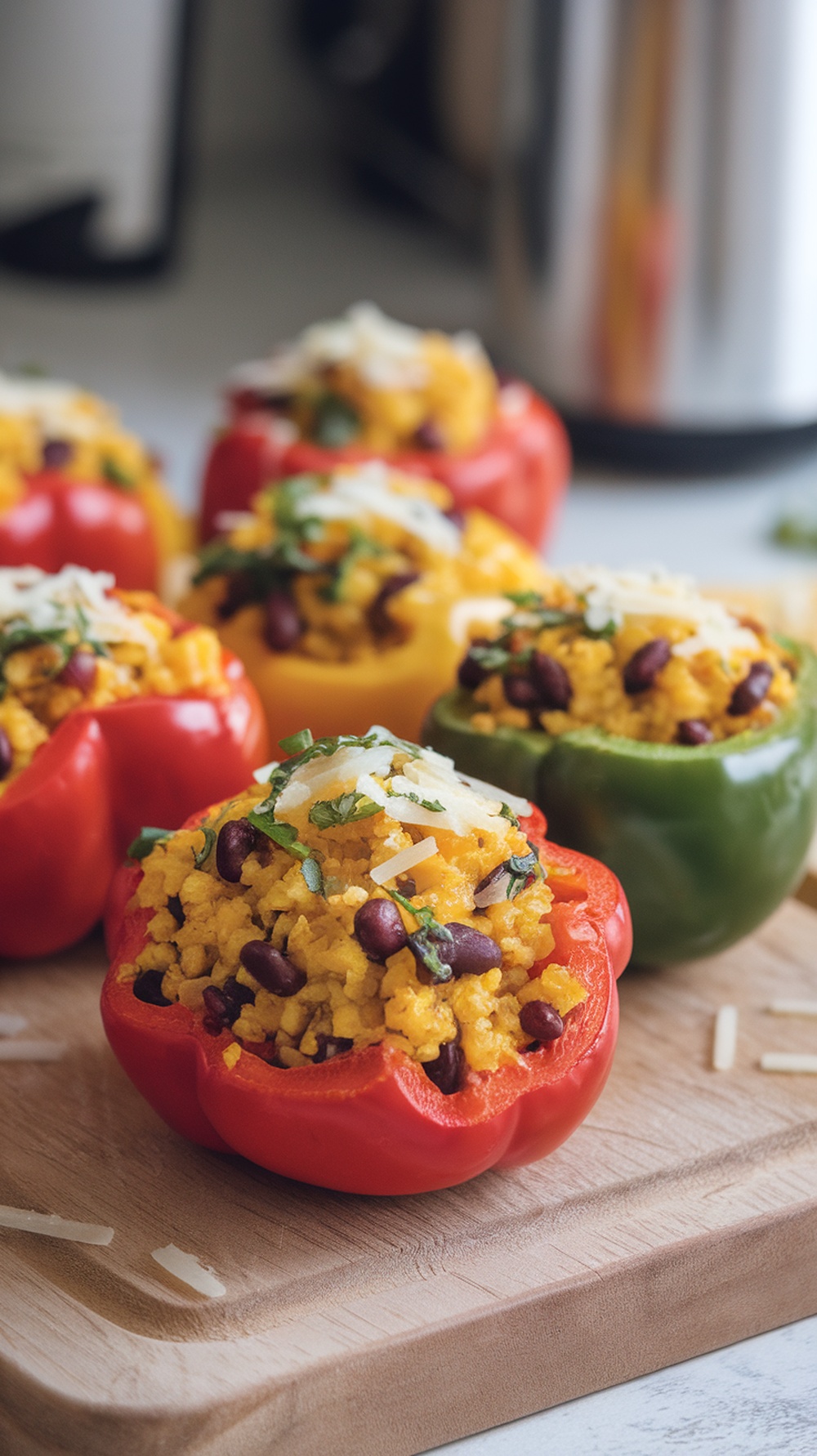 Colorful stuffed bell peppers filled with cauliflower rice and black beans