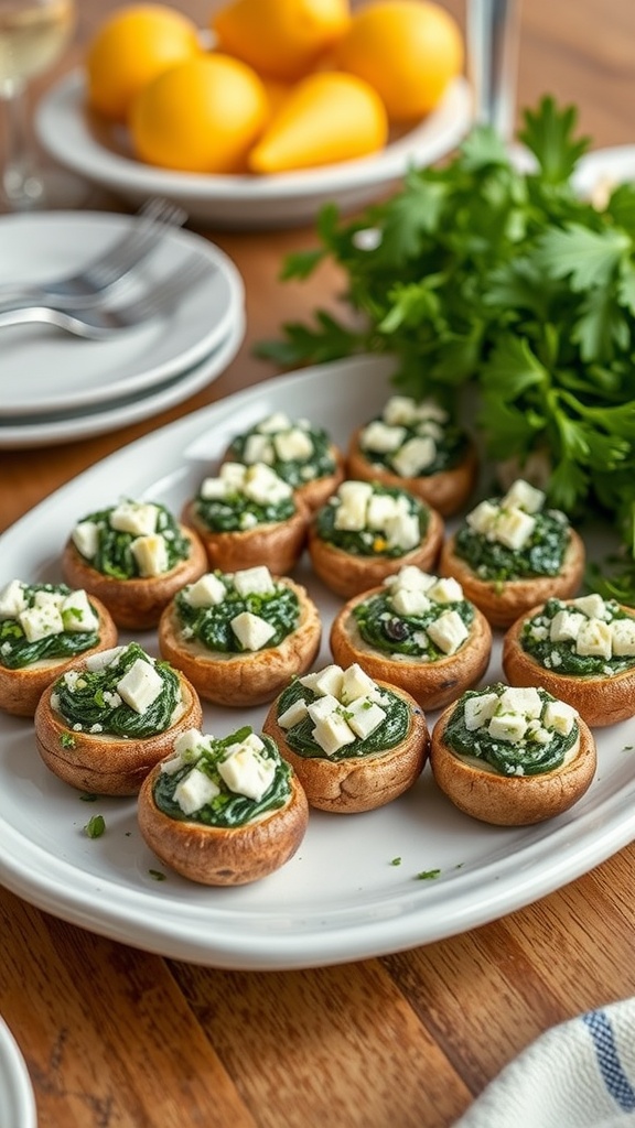 Stuffed mushrooms filled with spinach and feta on a serving platter.