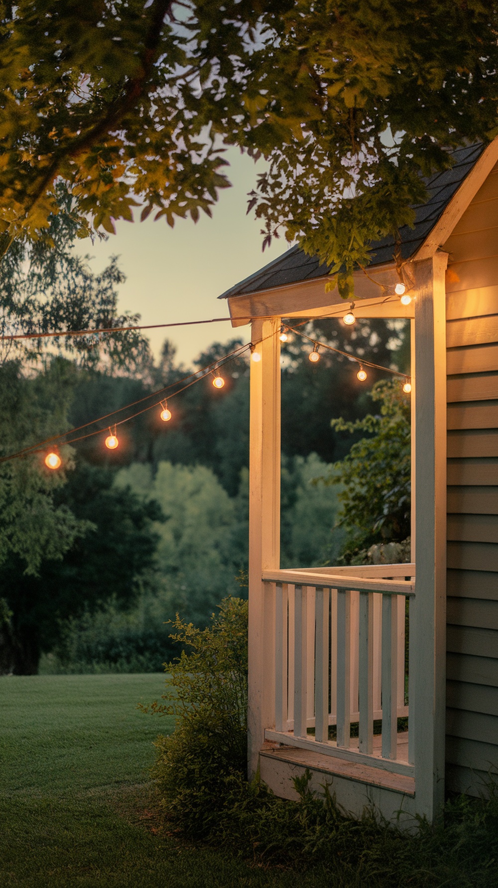 A small porch with string lights creating a warm glow, surrounded by greenery.