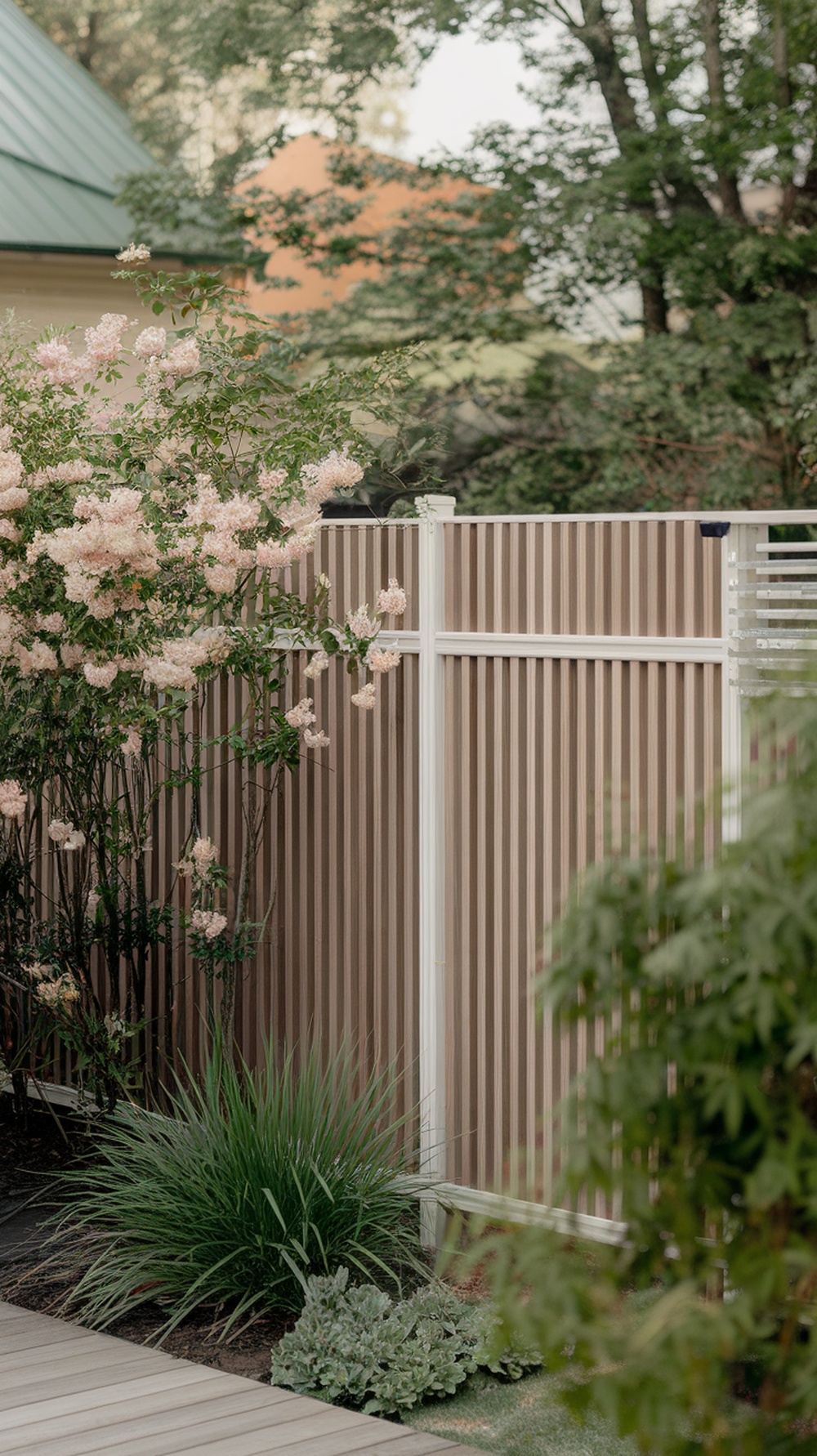 Vertical slat fencing with flowers and greenery in a garden
