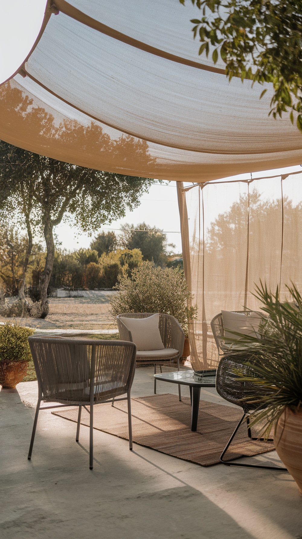 A cozy outdoor seating area with a sunshade canopy, featuring comfortable chairs and a small table.