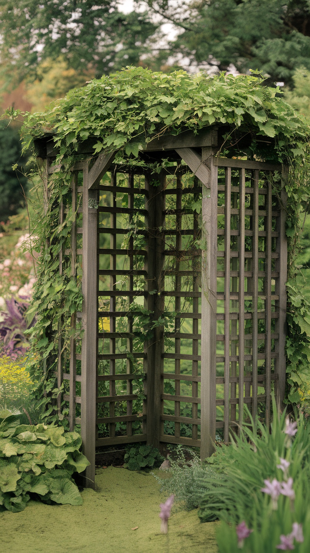 A wooden trellis covered with climbing vines, surrounded by green foliage and flowers.