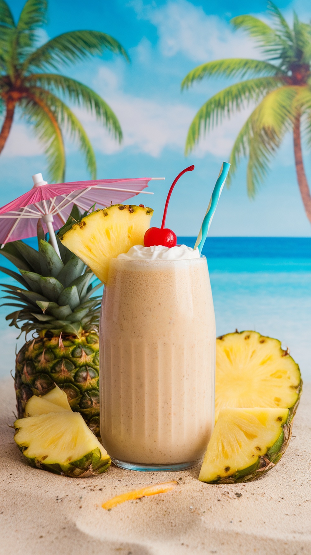 A tropical piña colada protein smoothie with pineapple slices and a cherry on top.