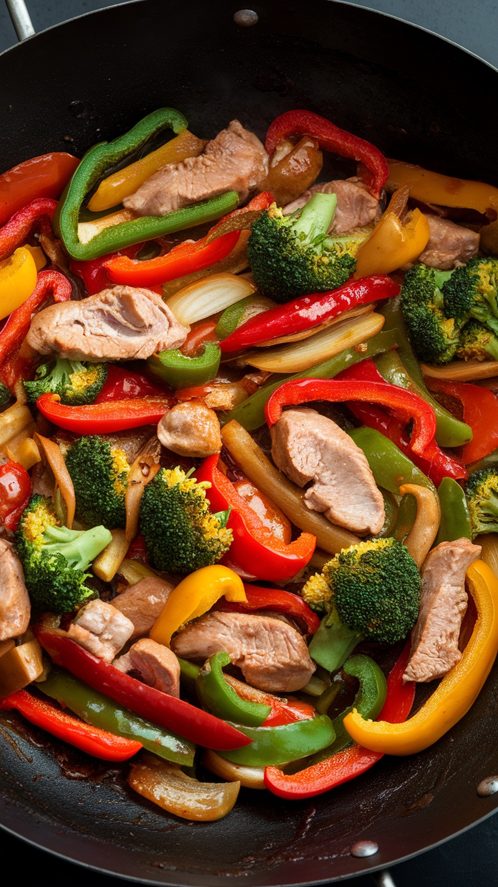 A colorful stir-fry with turkey and various vegetables
