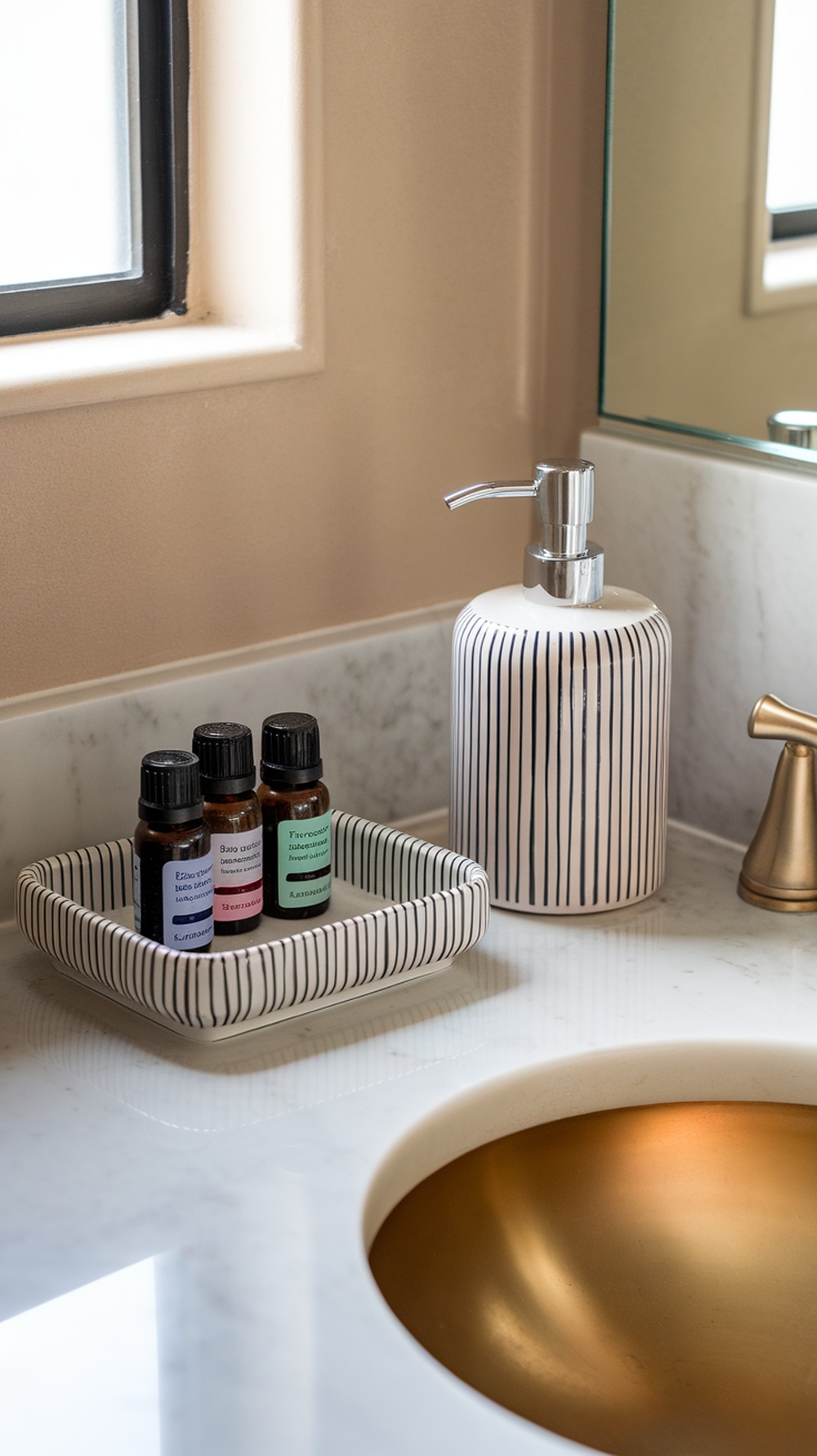 A neat bathroom counter with essential oils and a stylish soap dispenser.