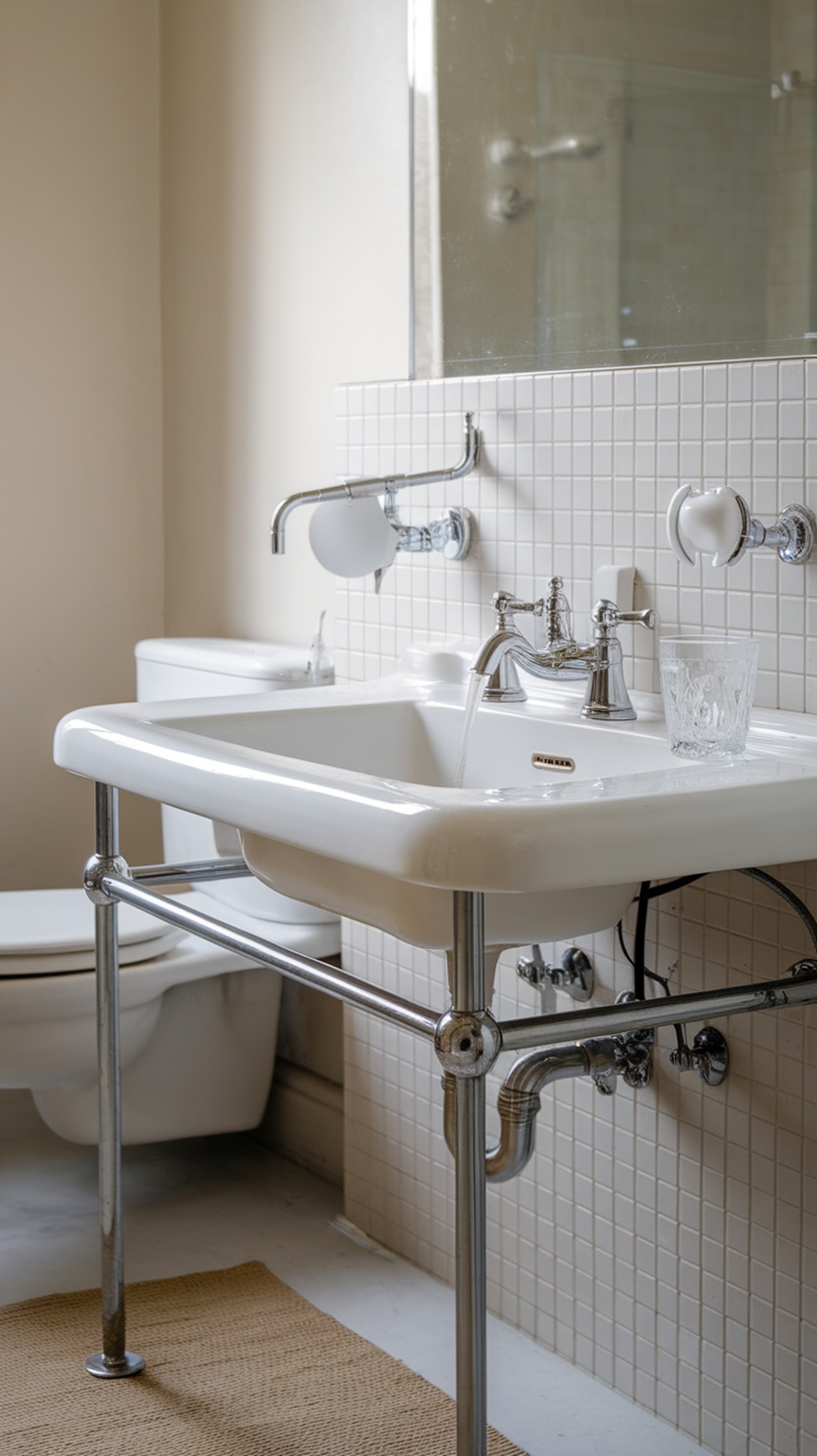 A modern bathroom sink with sleek fixtures and a clean design.
