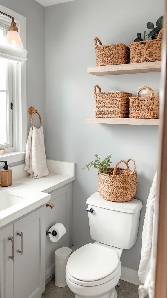 A well-organized bathroom featuring shelves and baskets for storage.