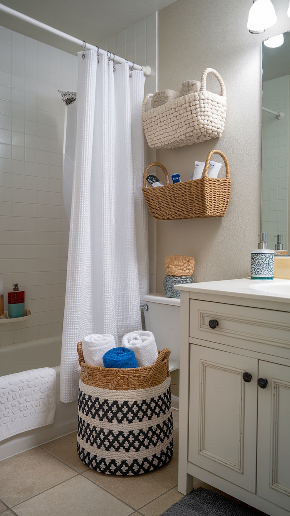 A stylish bathroom featuring decorative baskets storing towels and toiletries.