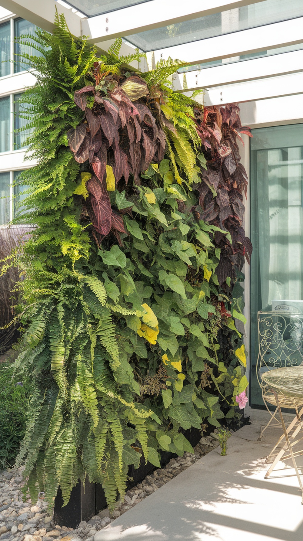 A lush vertical garden privacy screen filled with various plants and ferns