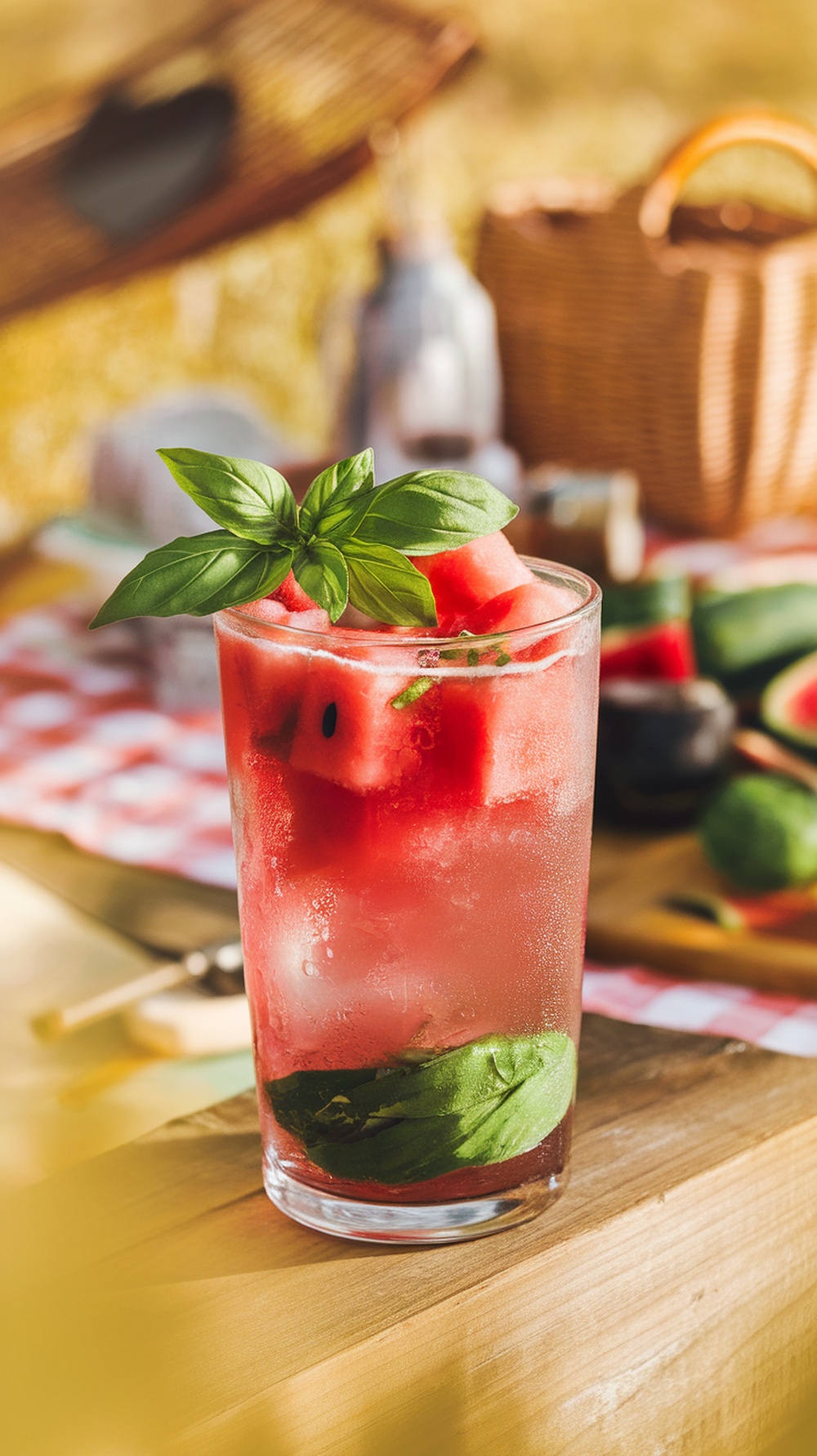 A refreshing Watermelon Basil Cooler in a glass with watermelon chunks and basil leaves, set against a picnic backdrop.