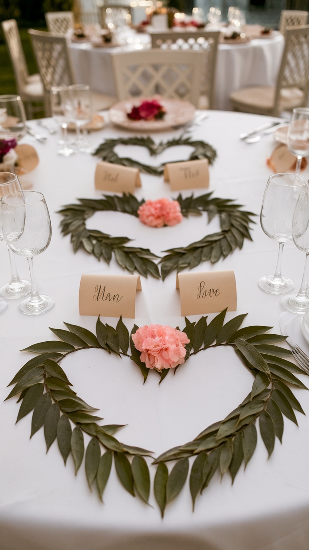 A beautifully decorated table with heart-shaped leafy arrangements and elegant handwritten place cards.
