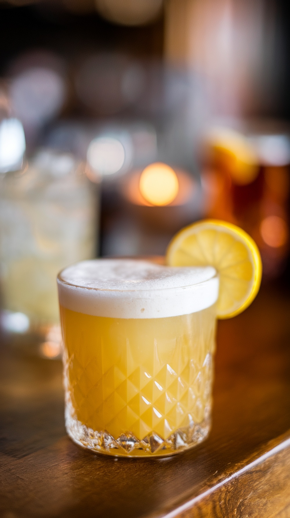 A frothy Whiskey Sour cocktail garnished with a lemon slice