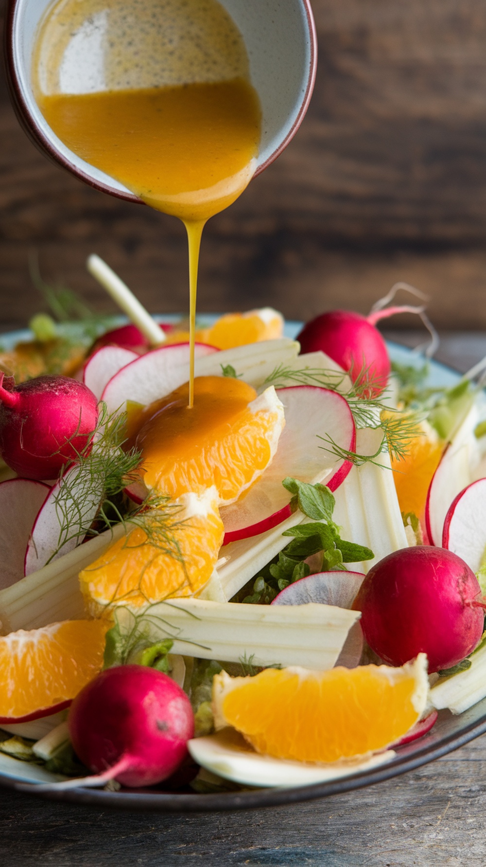 A bowl of radish and fennel salad with bright citrus dressing being poured over.