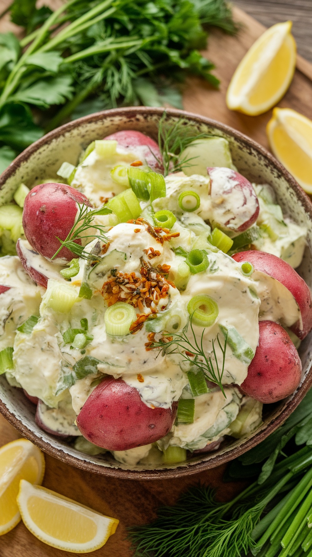 A bowl of zesty potato salad with red potatoes, fresh herbs, and a creamy dressing.