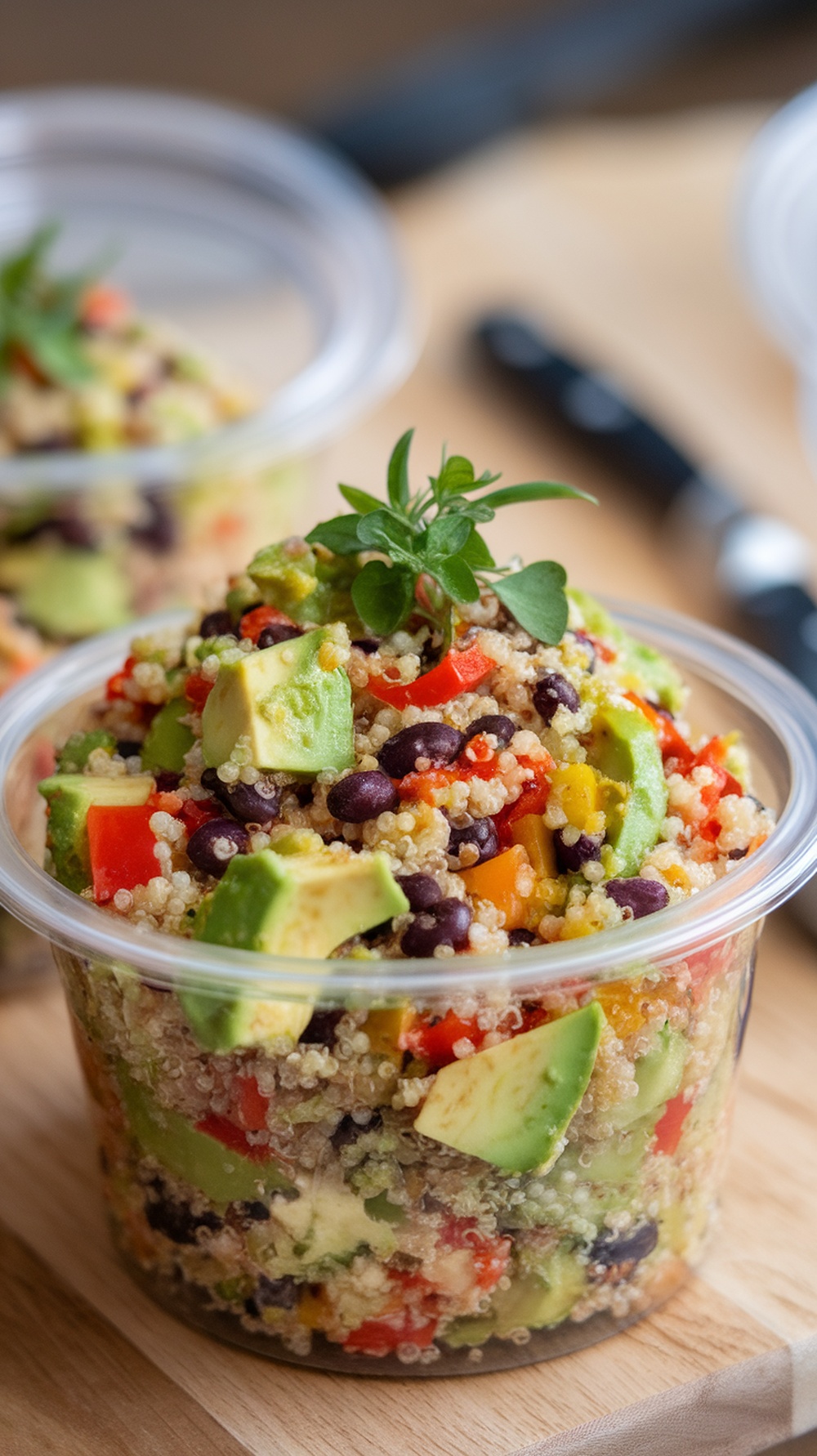 A close-up of a zesty quinoa salad with avocado, black beans, and colorful peppers in a clear container, perfect for a nutritious lunch.