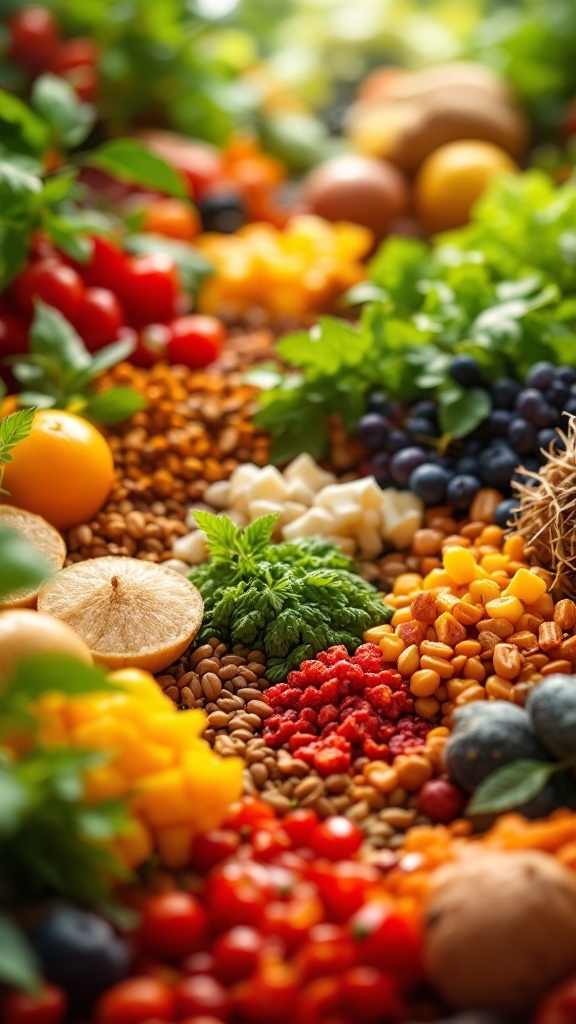 10 Ways AI is Transforming Recipe Creation for Perfect Meals 3 A colorful array of fresh fruits, vegetables, and spices arranged artistically.