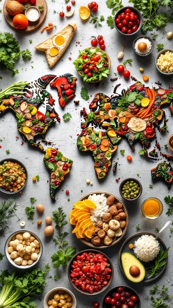 10 Ways AI is Transforming Recipe Creation for Perfect Meals 5 A vibrant display of various ingredients shaped like a world map, symbolizing global cuisine.