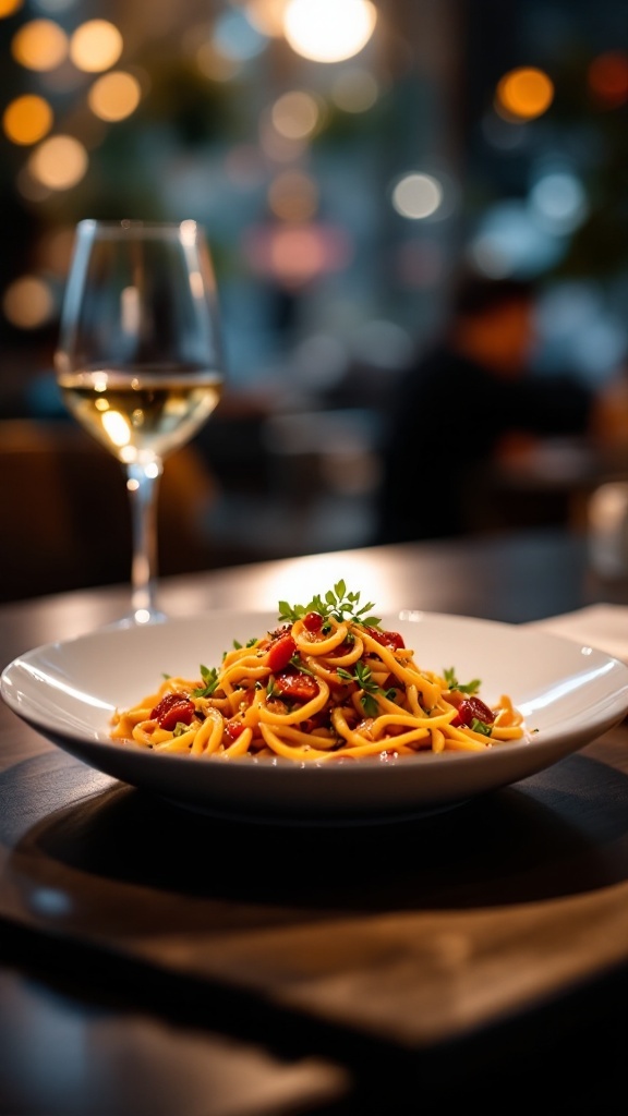 10 Ways AI is Transforming Recipe Creation for Perfect Meals 10 A plate of pasta with a glass of white wine in a softly lit restaurant.