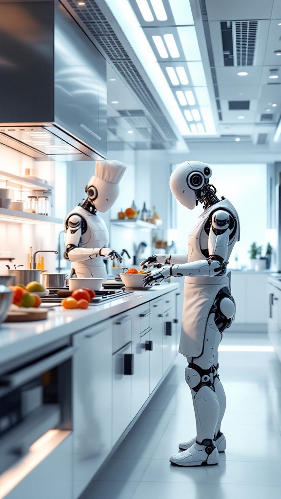 10 Ways AI is Transforming Recipe Creation for Perfect Meals 9 Two robots cooking in a modern kitchen