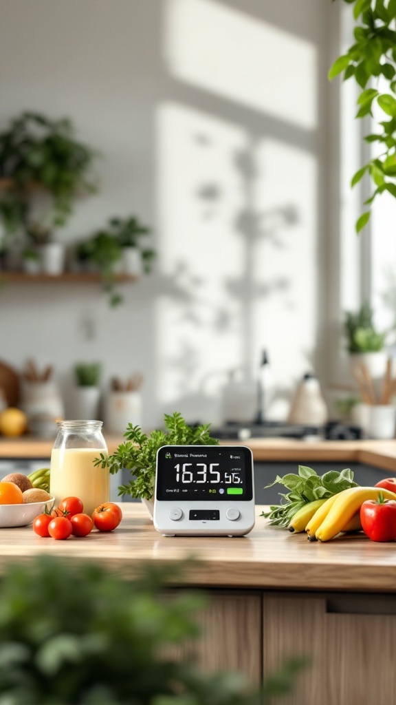 10 Ways AI is Transforming Recipe Creation for Perfect Meals 4 A smart kitchen device displaying nutritional information with various fresh ingredients around it.