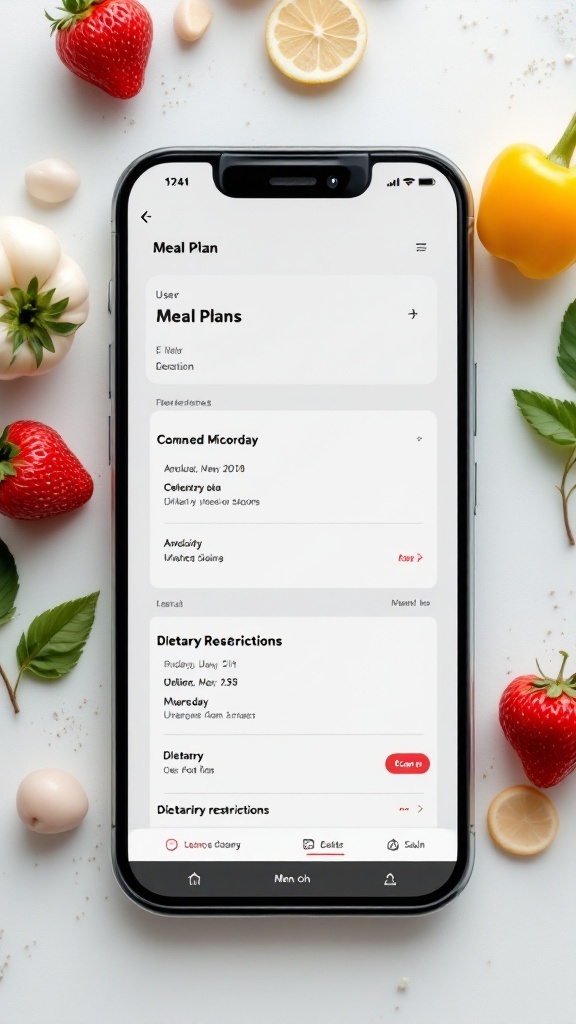 10 Ways AI is Transforming Recipe Creation for Perfect Meals 1 A smartphone displaying a personalized meal plan with fruits and vegetables surrounding it.