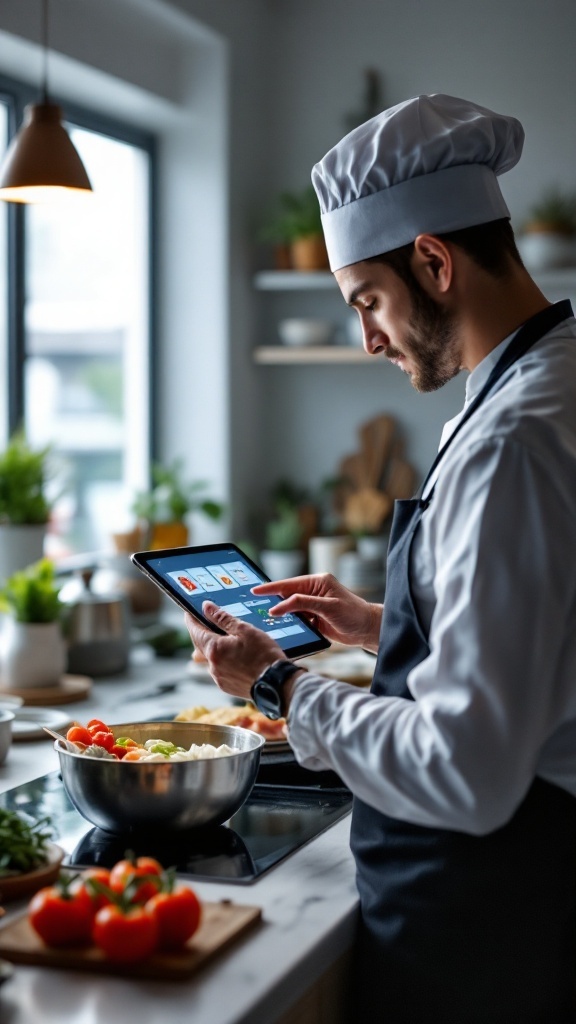 10 Ways AI is Transforming Recipe Creation for Perfect Meals 2 A chef using a tablet for cooking guidance in a modern kitchen.