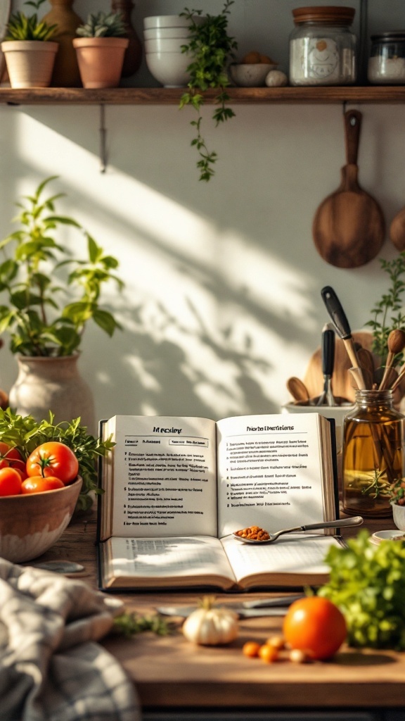 10 Ways AI is Transforming Recipe Creation for Perfect Meals 6 An open recipe book with various fresh ingredients around it, highlighting the concept of cooking.