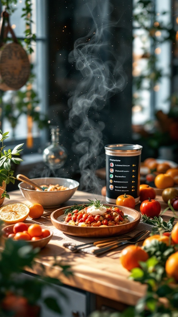 10 Ways AI is Transforming Recipe Creation for Perfect Meals 7 A beautifully arranged table with a steaming plate of food, surrounded by fresh ingredients and a recipe book.