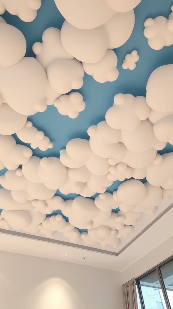 A ceiling with fluffy white clouds against a blue sky backdrop
