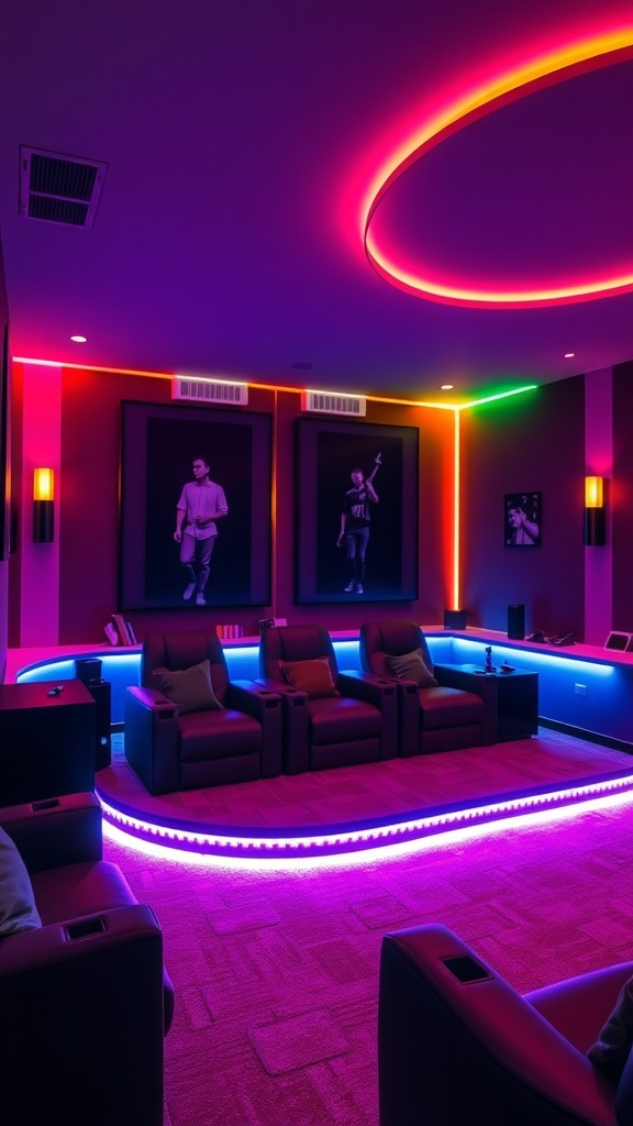 A modern home theater with LED strip lighting in blue and pink, designed for an immersive experience.